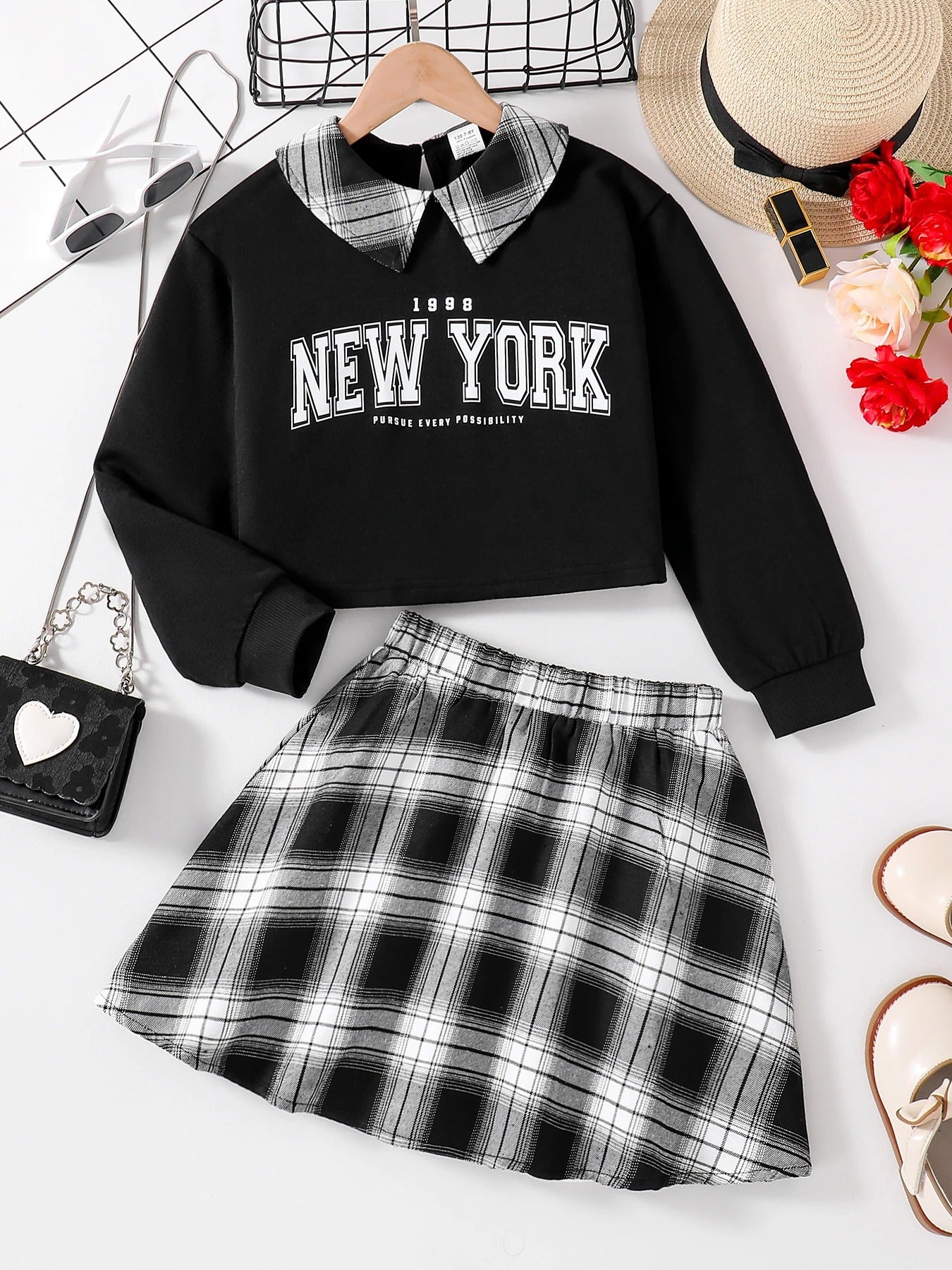 Girls Fashion Casual 2-Piece Set Black Lapel Long-Sleeved Letter Print Shirt Plaid Skirt Spring Autumn New