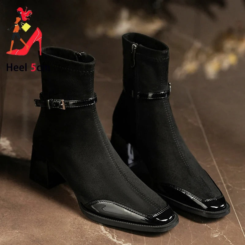 Office Shoes 5CM Square Heel Lady Dating Suede Ankles Boots Elegant Female Shoes