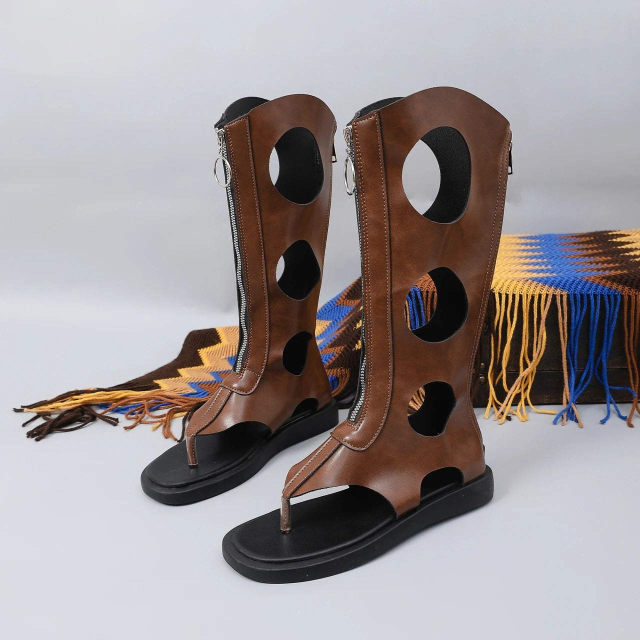 cowhide thick-soled open-toe high boots, stylish and slimming long calf sandals.