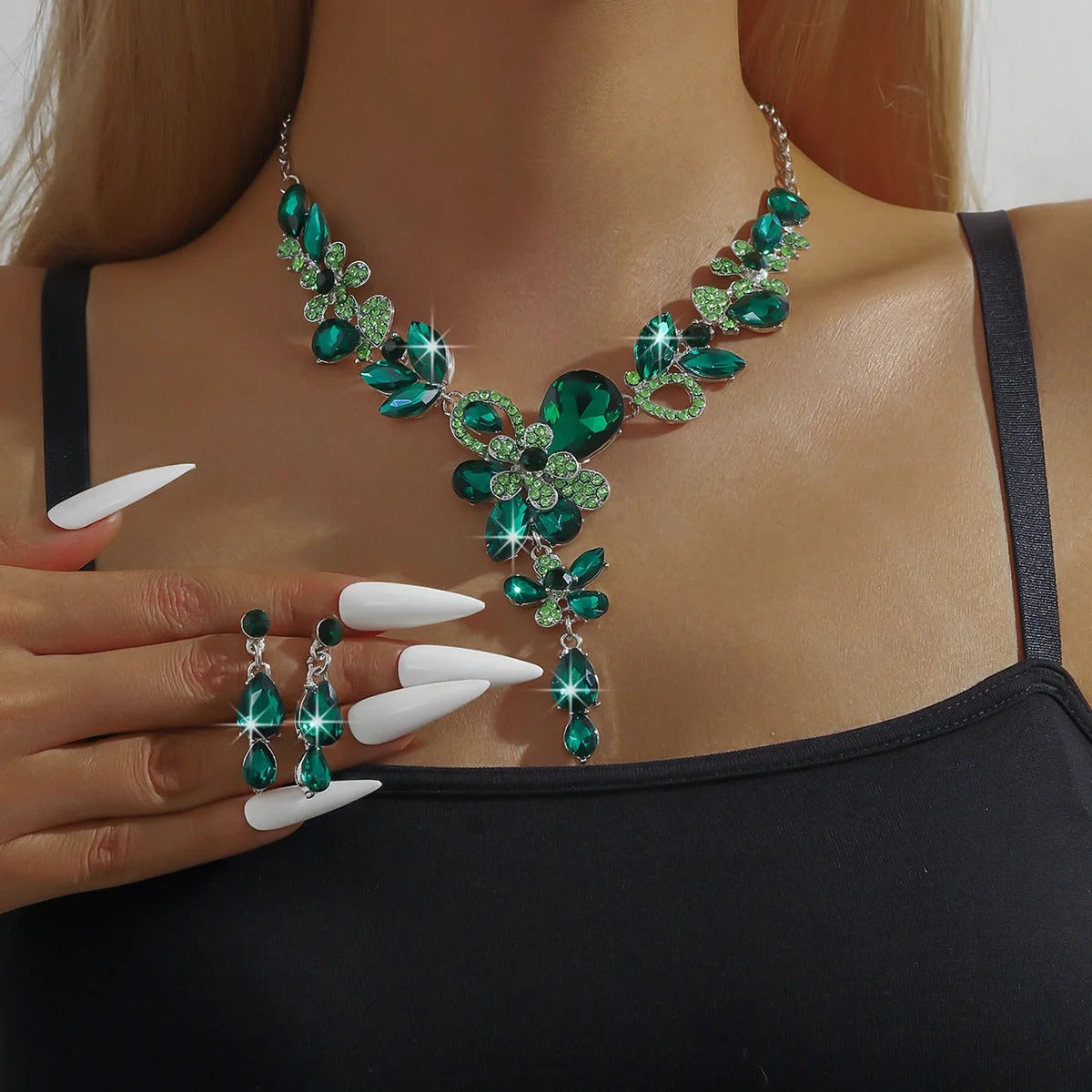 Flower Water Drop Necklace Earrings Jewelry Set