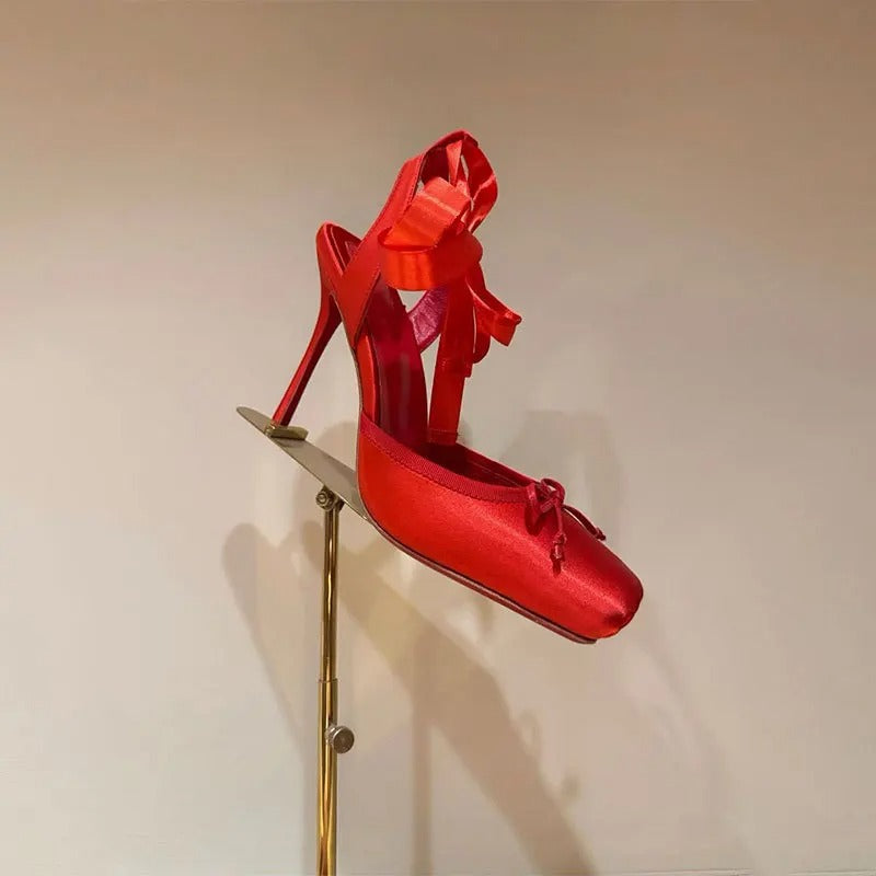 European and American Niche High-heeled Square Toe Ankle Strap Satin Bow Ballet Toe