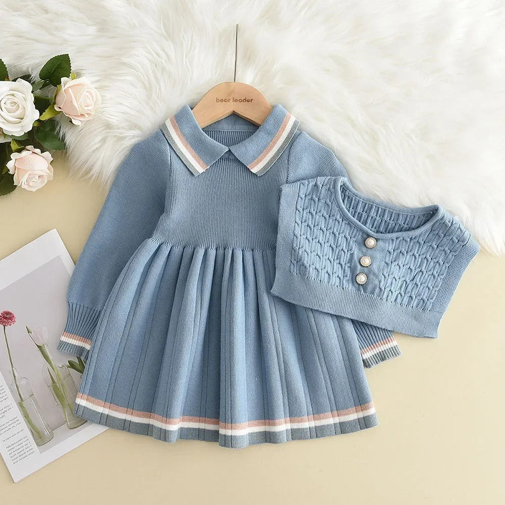Dress Vest Stripe Party Girl Baby Retro Knitted Wool Dress Casual Vestidos.
