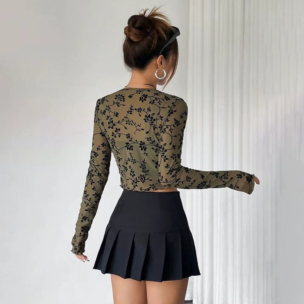 Floral embroidery contrast mesh a-line skirt