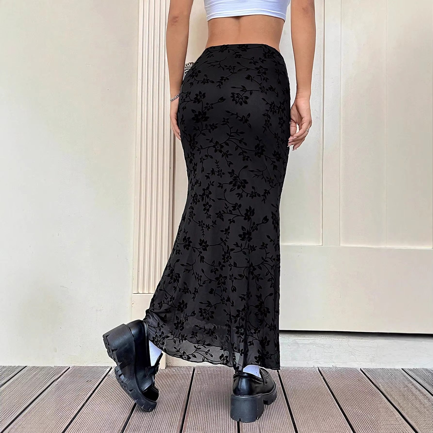 Floral embroidery contrast mesh a-line skirt