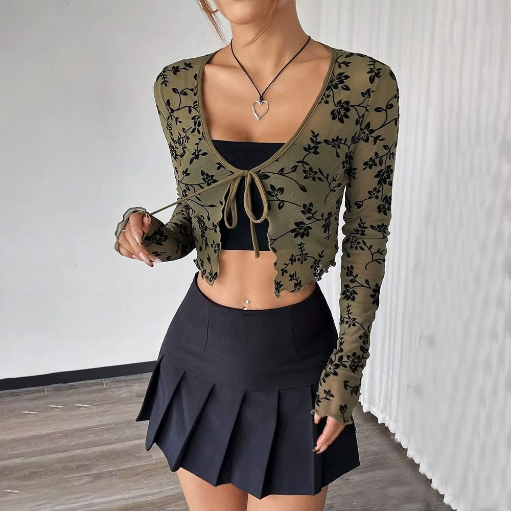 Floral embroidery contrast mesh a-line skirt