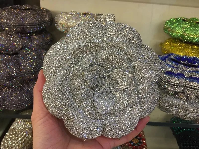 Rose Flower Pink/Green Rhinestones Evening Clutches