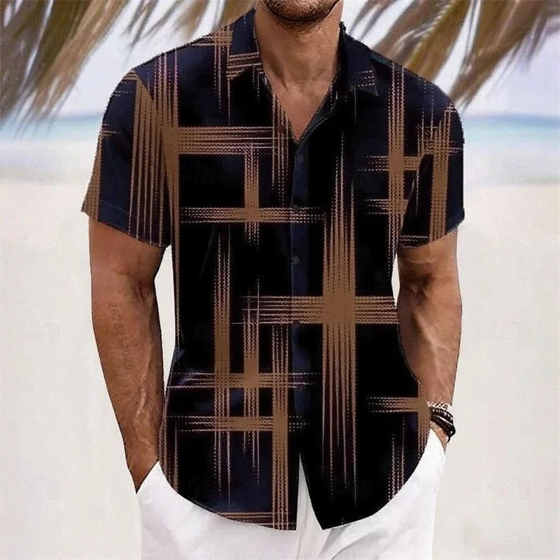 Men's Geometric 3D Printed Lapel Short Sleeve