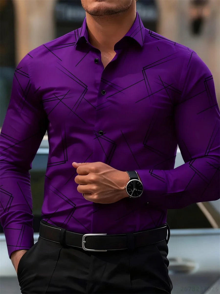 Men's trendy geometric line print long-sleeved shirt