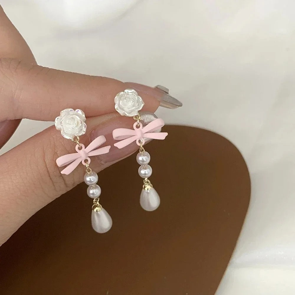 Statement Stud Earrings Fabric Lace Bow Drop Earrings