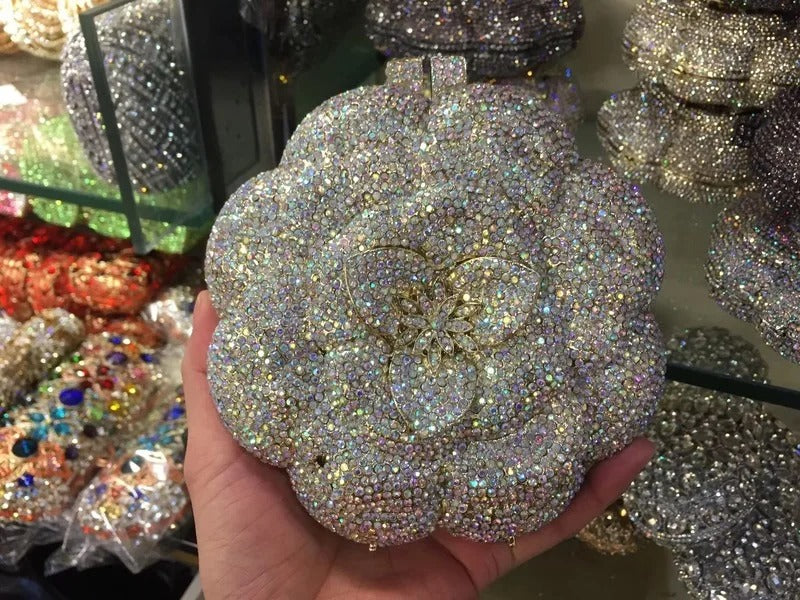 Rose Flower Pink/Green Rhinestones Evening Clutches