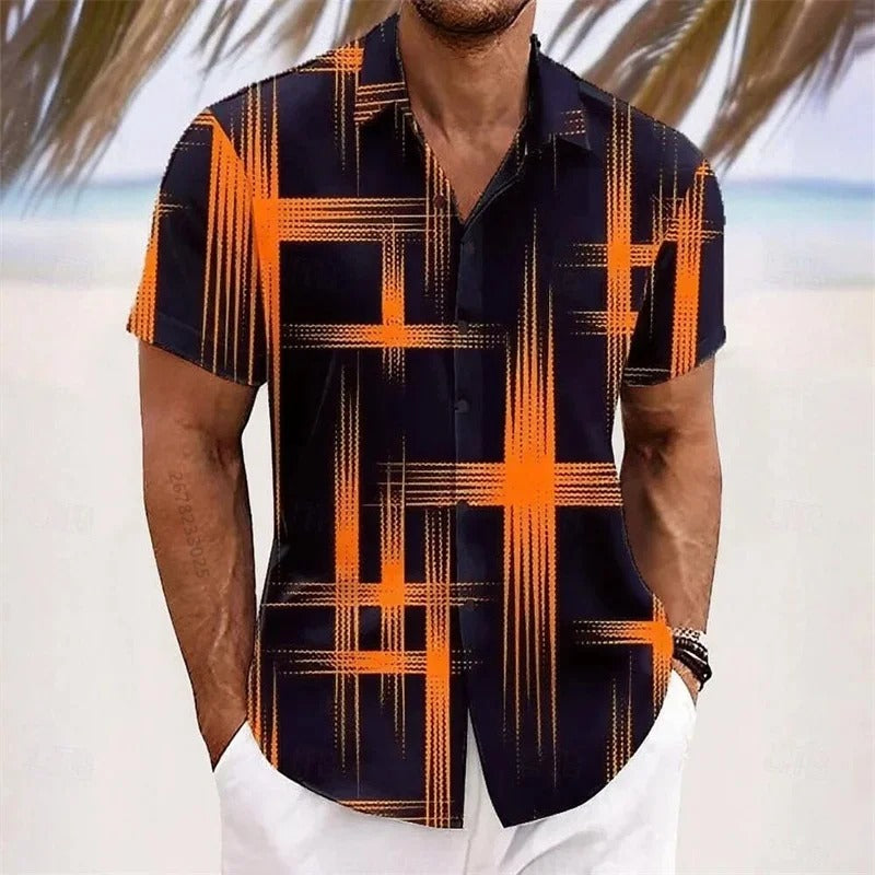 Men's Geometric 3D Printed Lapel Short Sleeve
