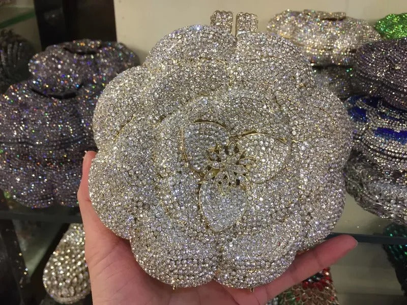 Rose Flower Pink/Green Rhinestones Evening Clutches