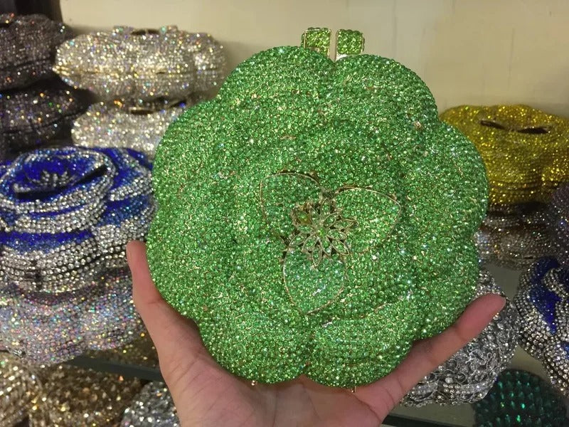 Rose Flower Pink/Green Rhinestones Evening Clutches