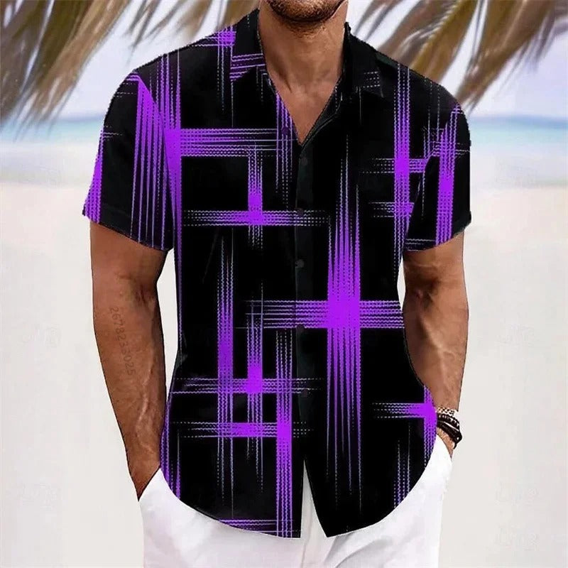 Men's Geometric 3D Printed Lapel Short Sleeve