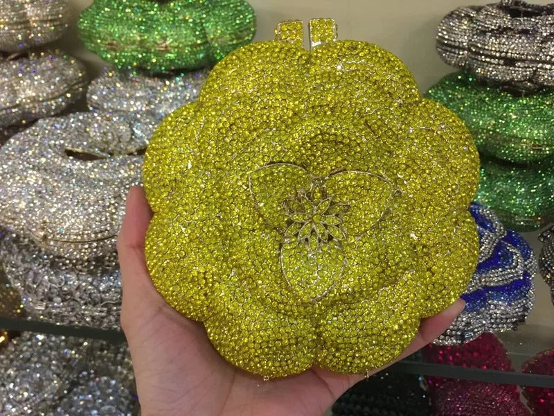 Rose Flower Pink/Green Rhinestones Evening Clutches