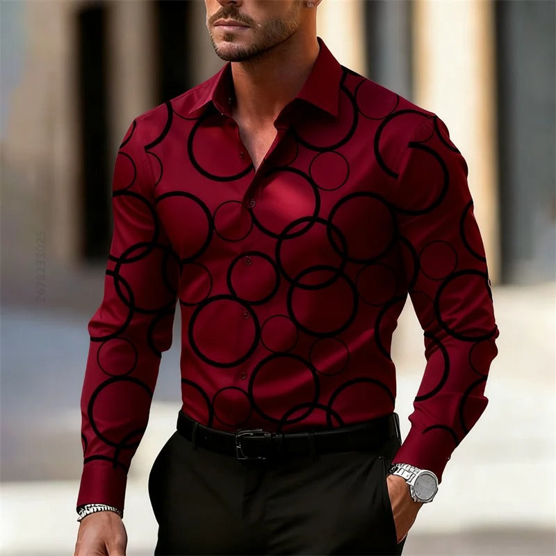 Men's Trendy Geometric Circle Print Long-Sleeve Shirt,