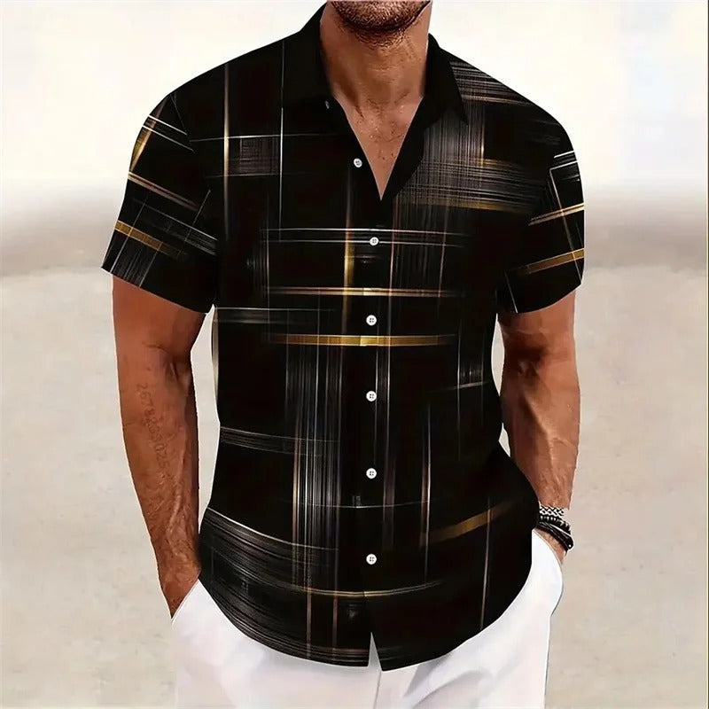 Men's Geometric 3D Printed Lapel Short Sleeve