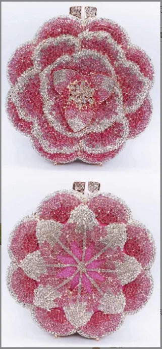 Rose Flower Pink/Green Rhinestones Evening Clutches