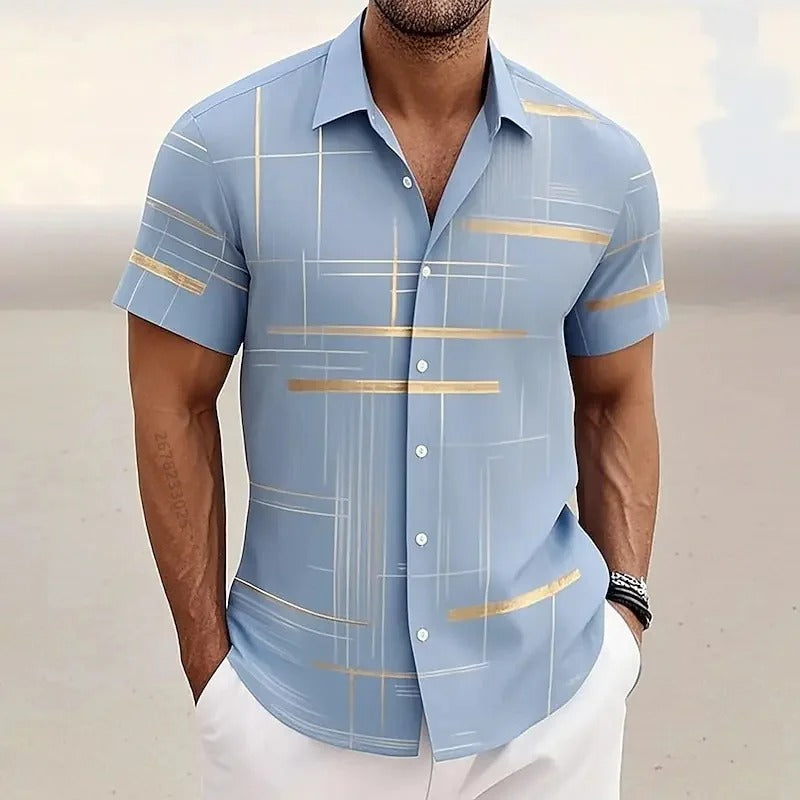 Men's Geometric 3D Printed Lapel Short Sleeve
