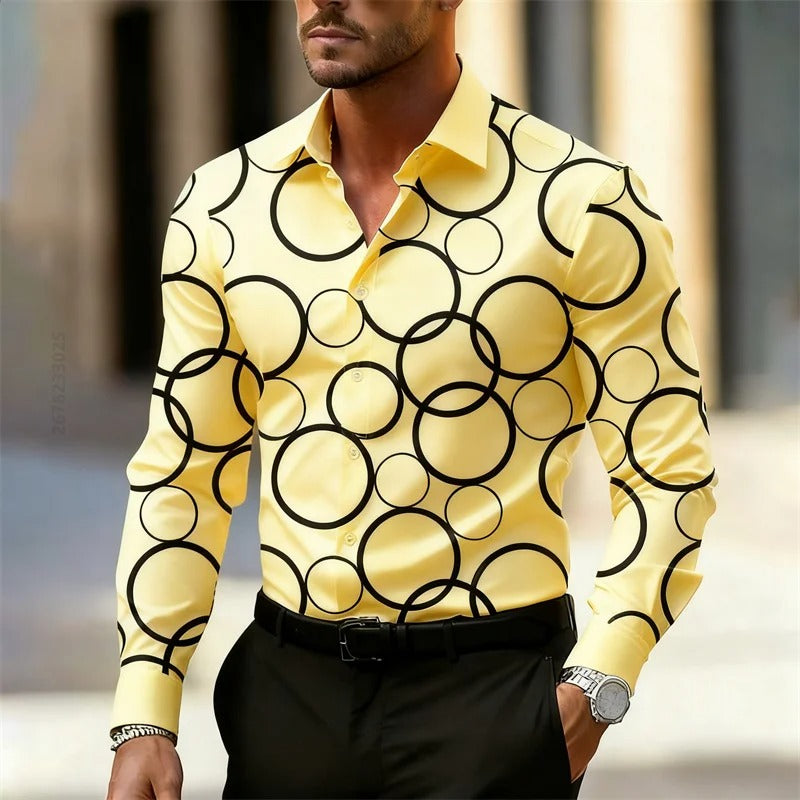 Men's Trendy Geometric Circle Print Long-Sleeve Shirt,