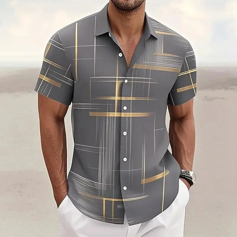 Men's Geometric 3D Printed Lapel Short Sleeve