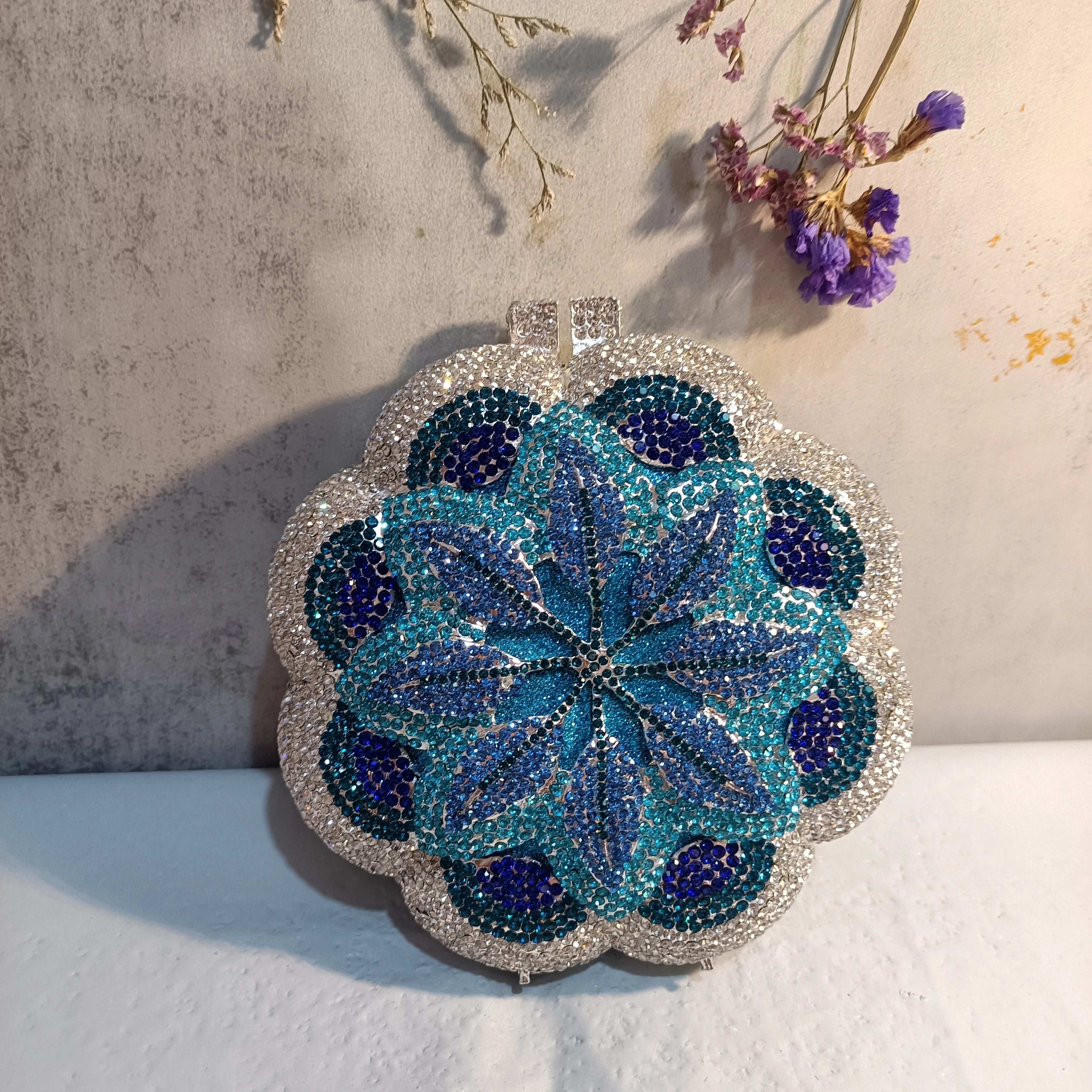 Rose Flower Pink/Green Rhinestones Evening Clutches