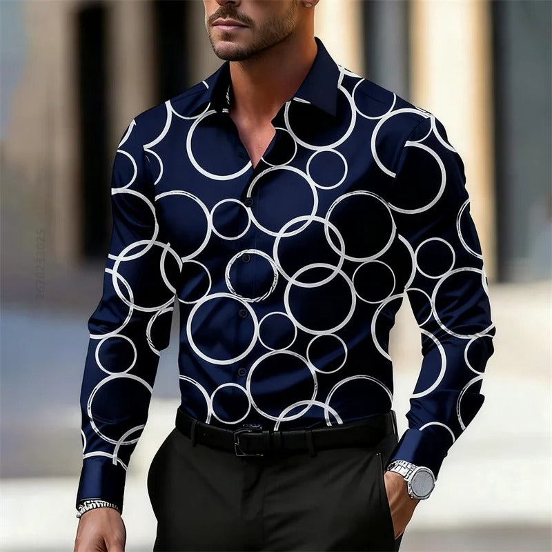 Men's Trendy Geometric Circle Print Long-Sleeve Shirt,