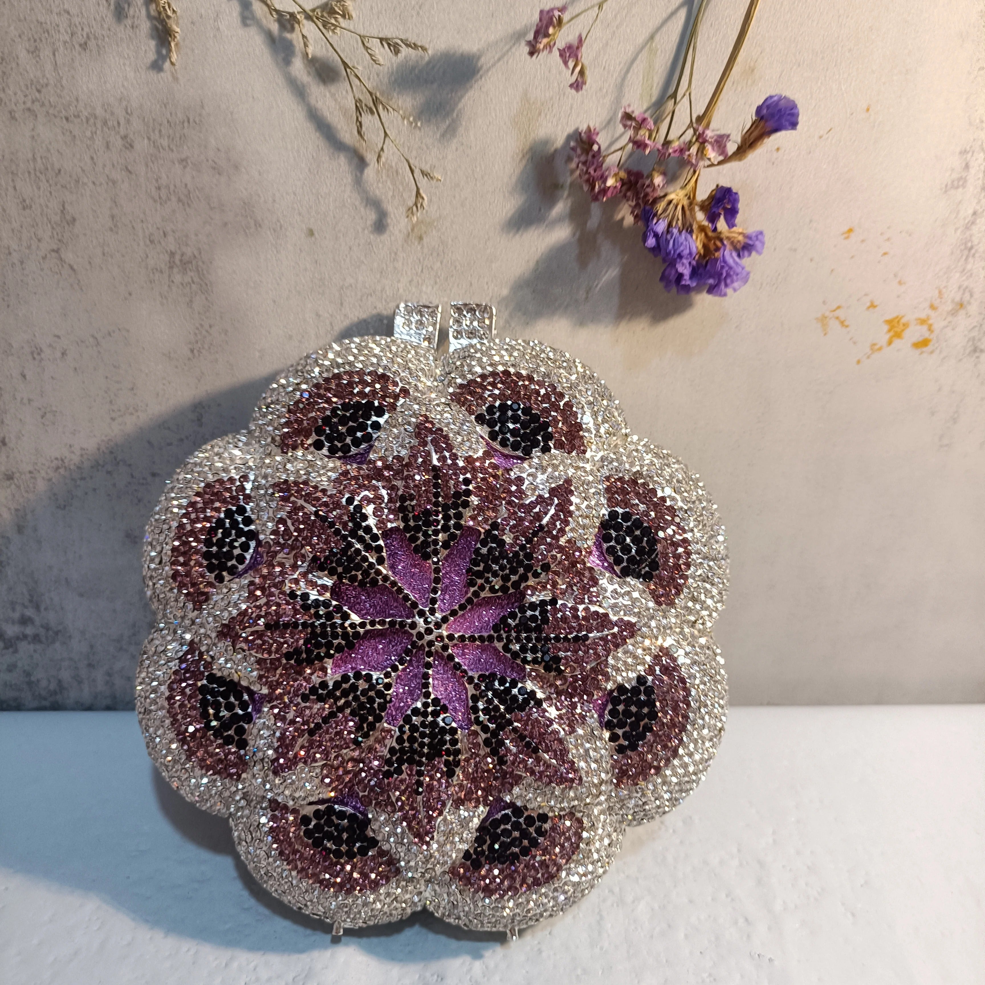 Rose Flower Pink/Green Rhinestones Evening Clutches