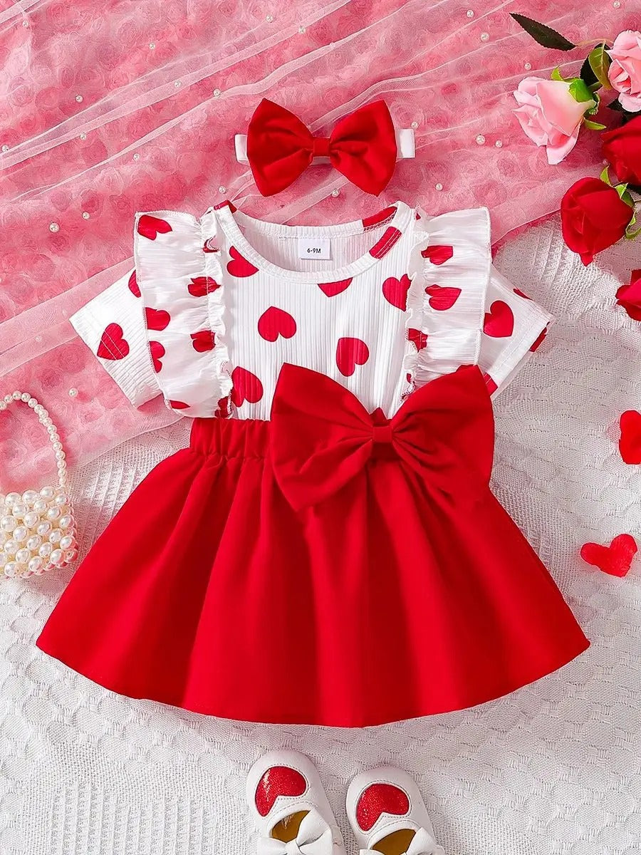 Baby girl spring and summer love pit stripe full print round neck ruffle edge