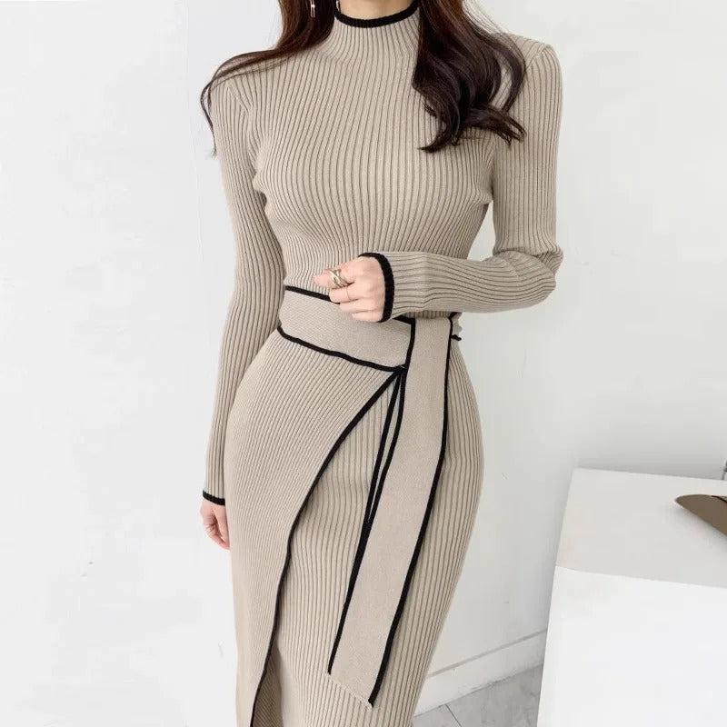 Black Rib Bandage Bodycon Sweater Dress Robe Femme.