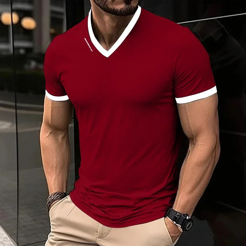 Solid Color V-neck Short Sleeved T-shirt