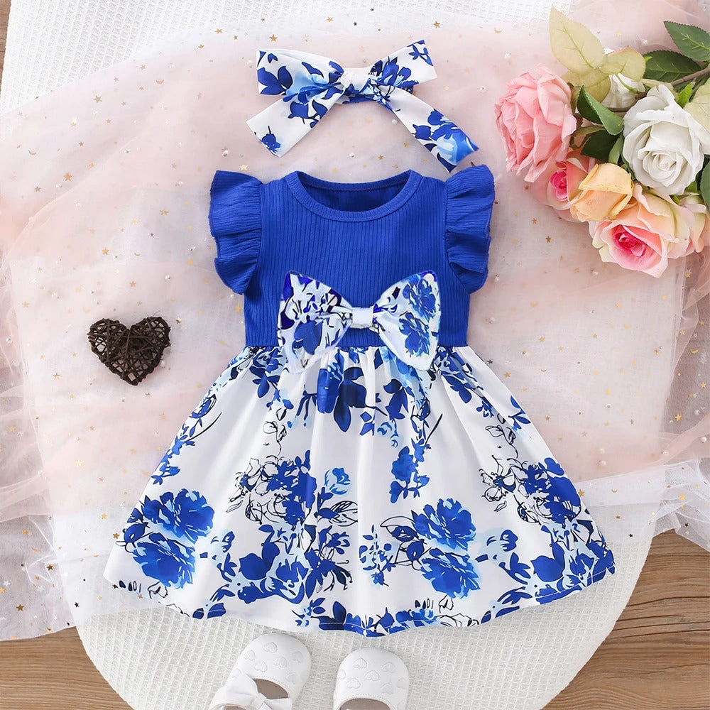 Bow Ribbon Blue and White Porcelain Girl Dress.