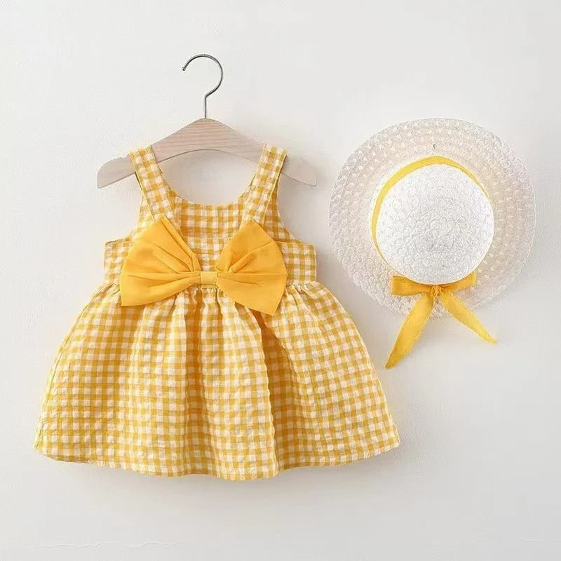Plaid Camisole Dress Children's Baby's Chest Big Bow Cute Dress with Hat