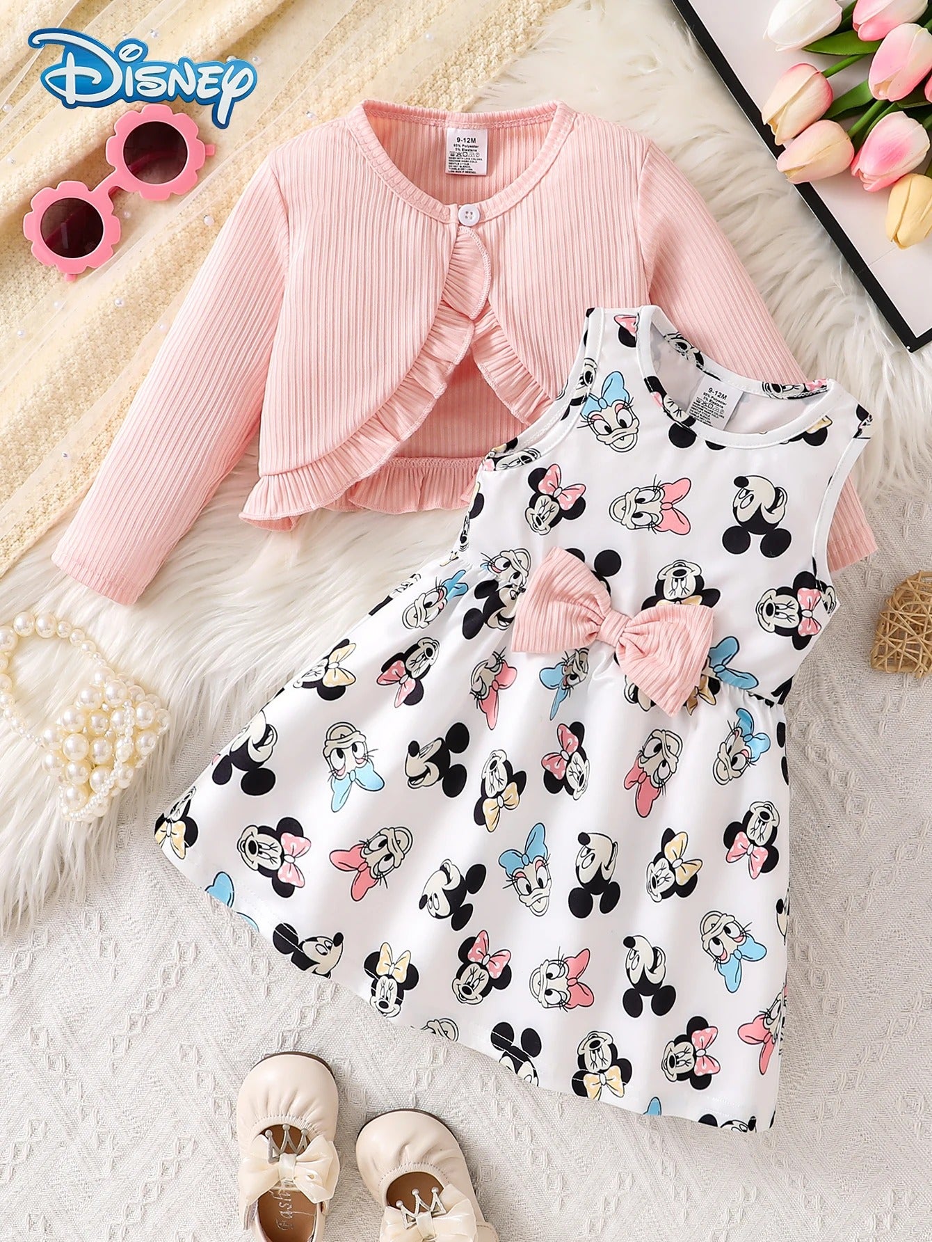 Baby Knitted Button Skirt Cardigan Long Sleeve Jacket + Cartoon Minnie and Daisy