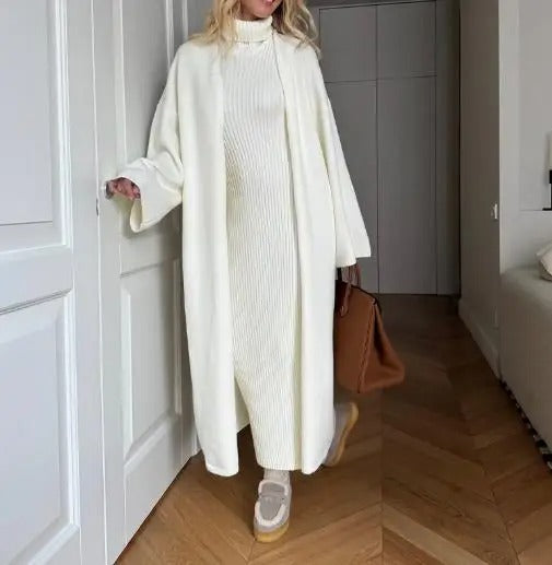 High Neck Slim Long Dress &amp; Cardigan Robe Coat Sweater Set for Women.