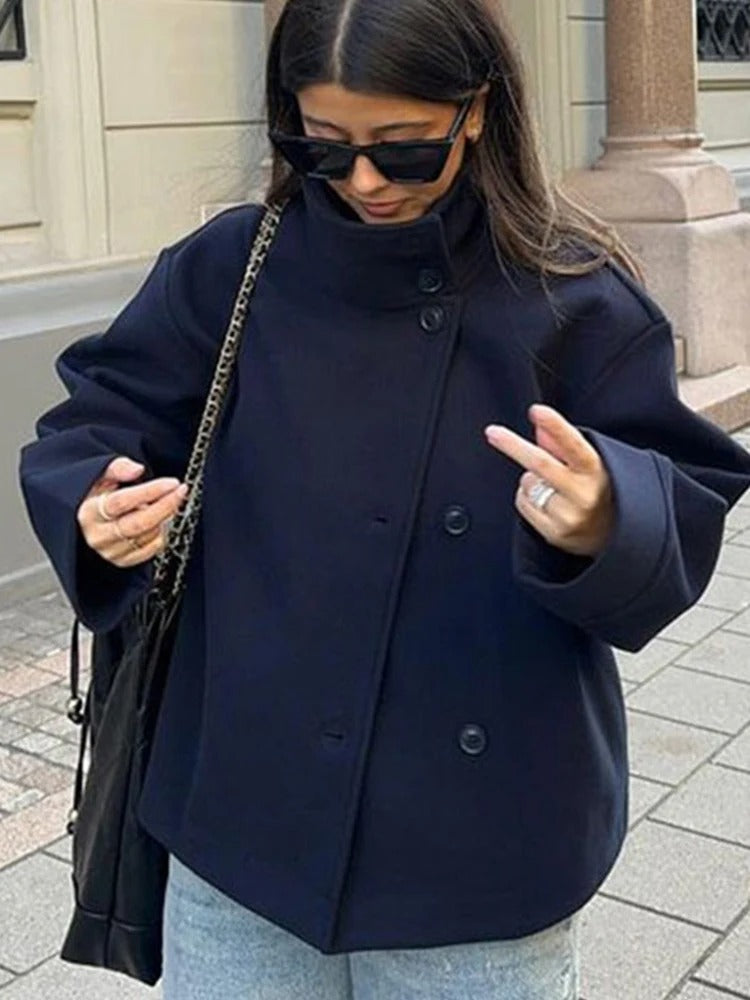 Women Grey Fur Splicing Woolen Coat