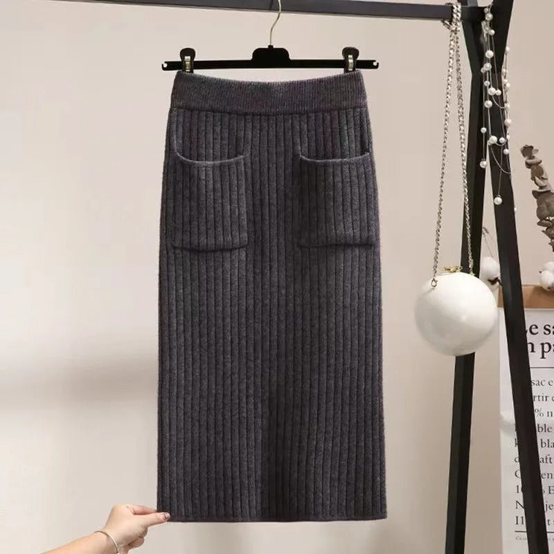 Waist knitted Mid-Calf Elastic Skirt