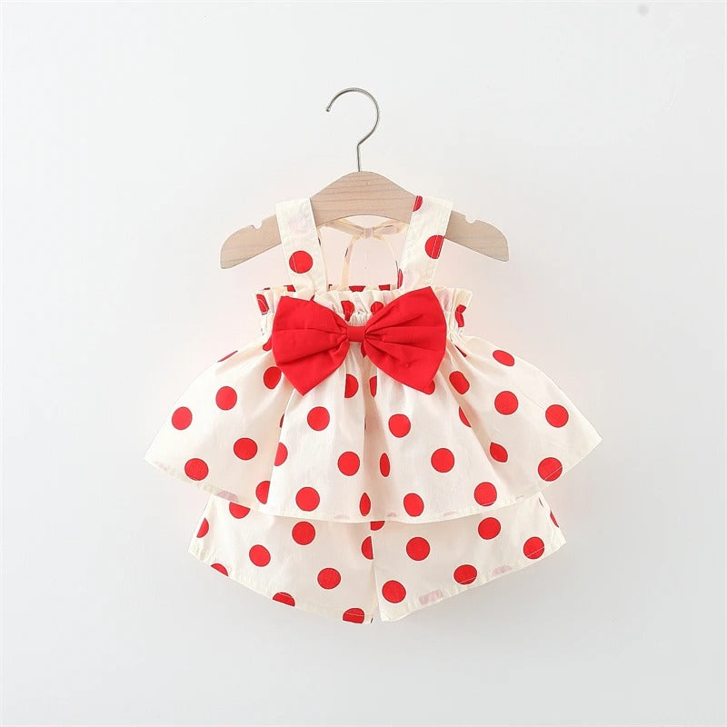 Simple Dot Print Bow Strap Top Short Sleeve Two Piece Set