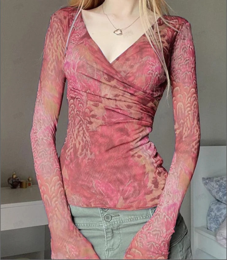 Mesh Long Sleeve Shirts Asymmetrical