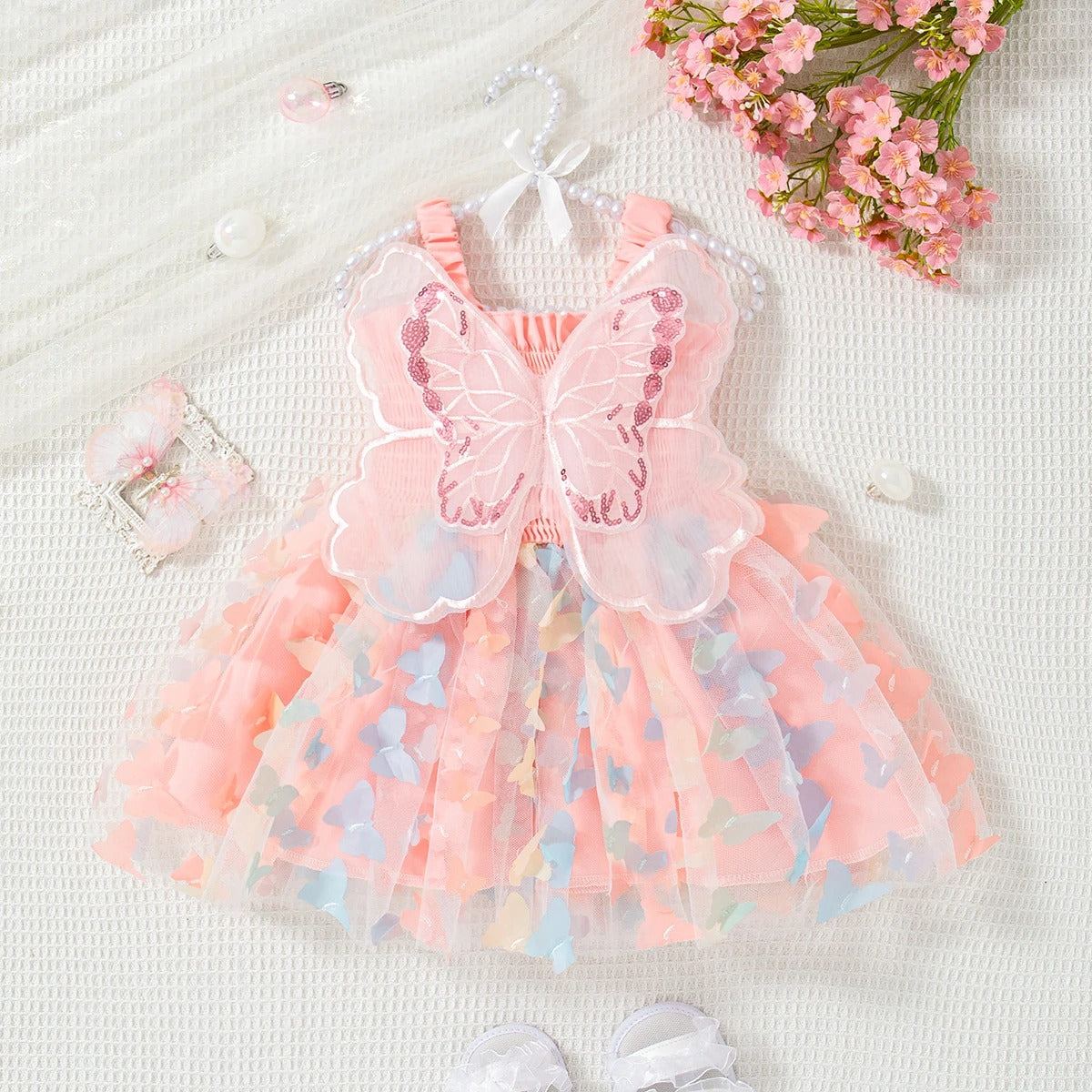 Butterfly Wing Baby Girl Dress, Princess Style Birthday Party Children's Clothing (9 Months -3