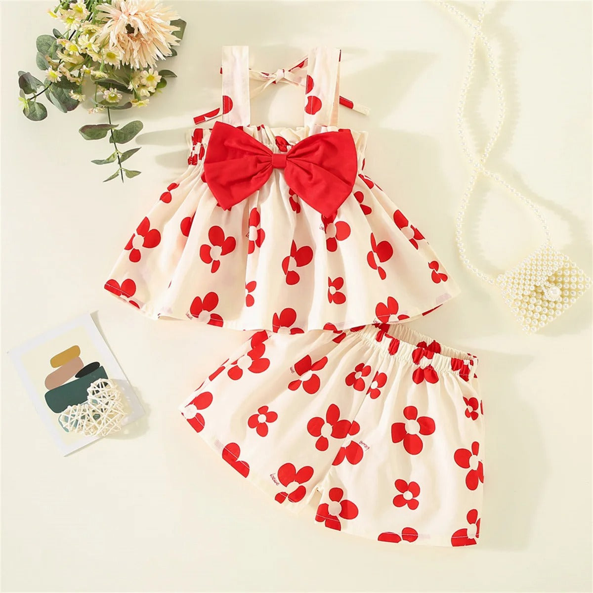 0-3 Years Old Sweet Printed Bow Decorative Strap Top And Shorts 2 Pieces/Set.