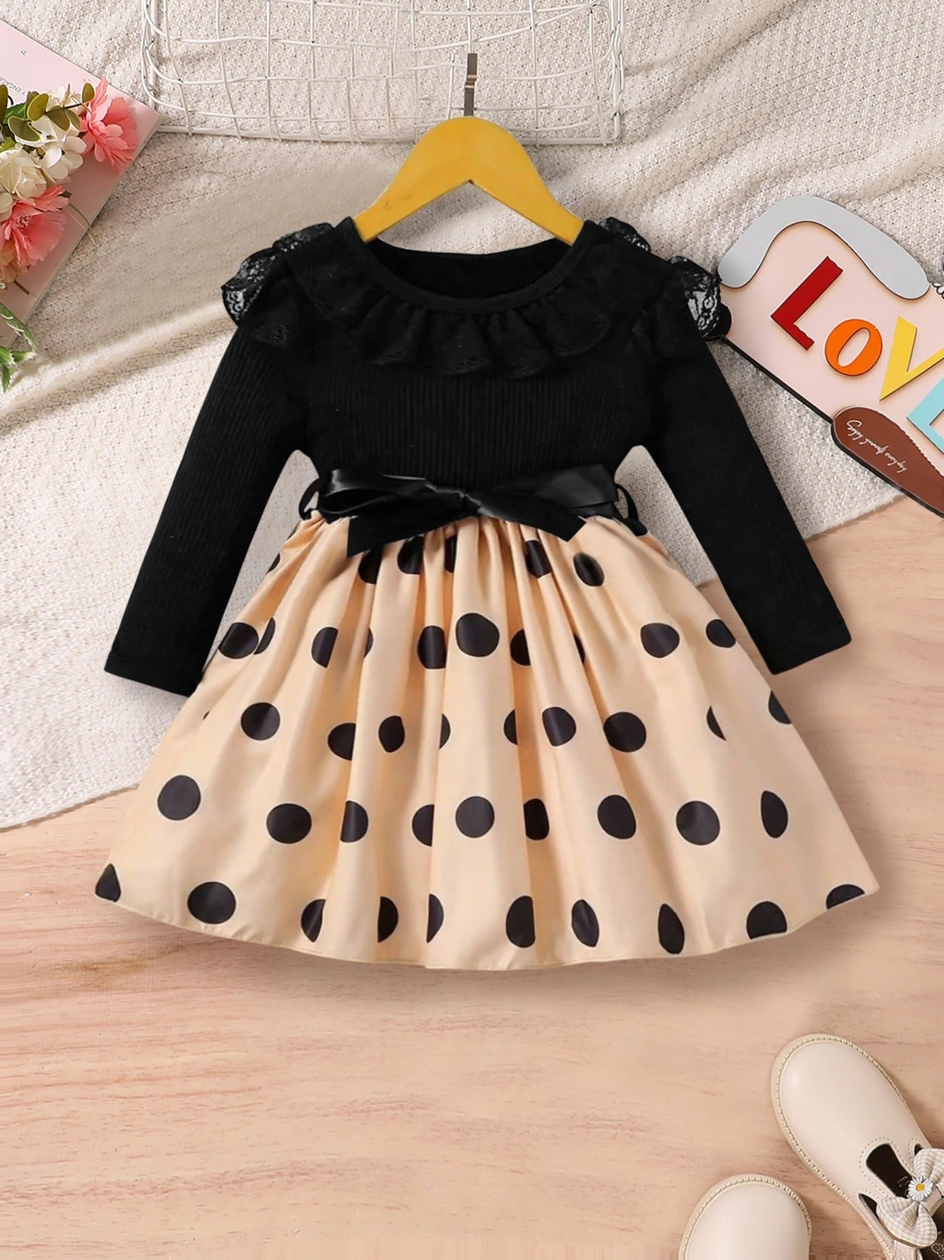 Lace Mesh Edge Round Neck Soft Long-Sleeve Patchwork Polka Dot All-Over Print Mid-Length Dress