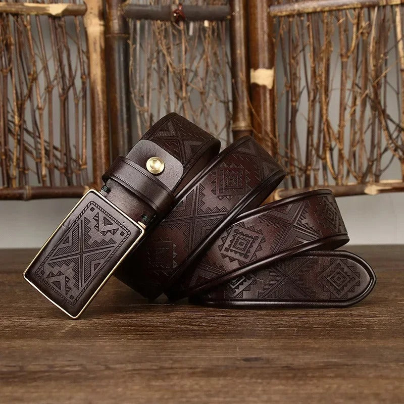 Thick Cowhide Copper Smooth Buckle Cowboy Belt