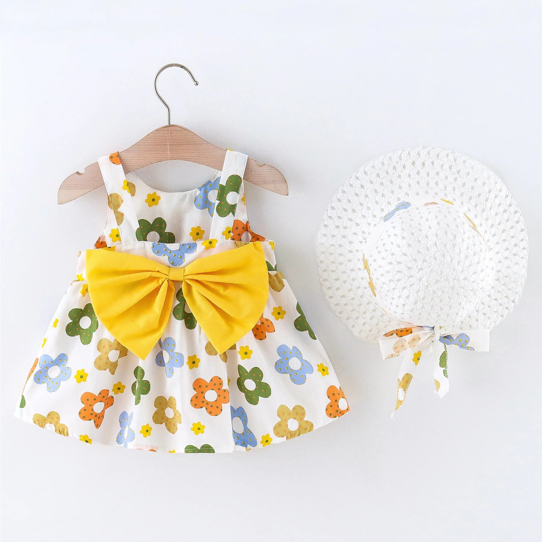 Summer 2/piece set baby girl dress hat little girl big bow