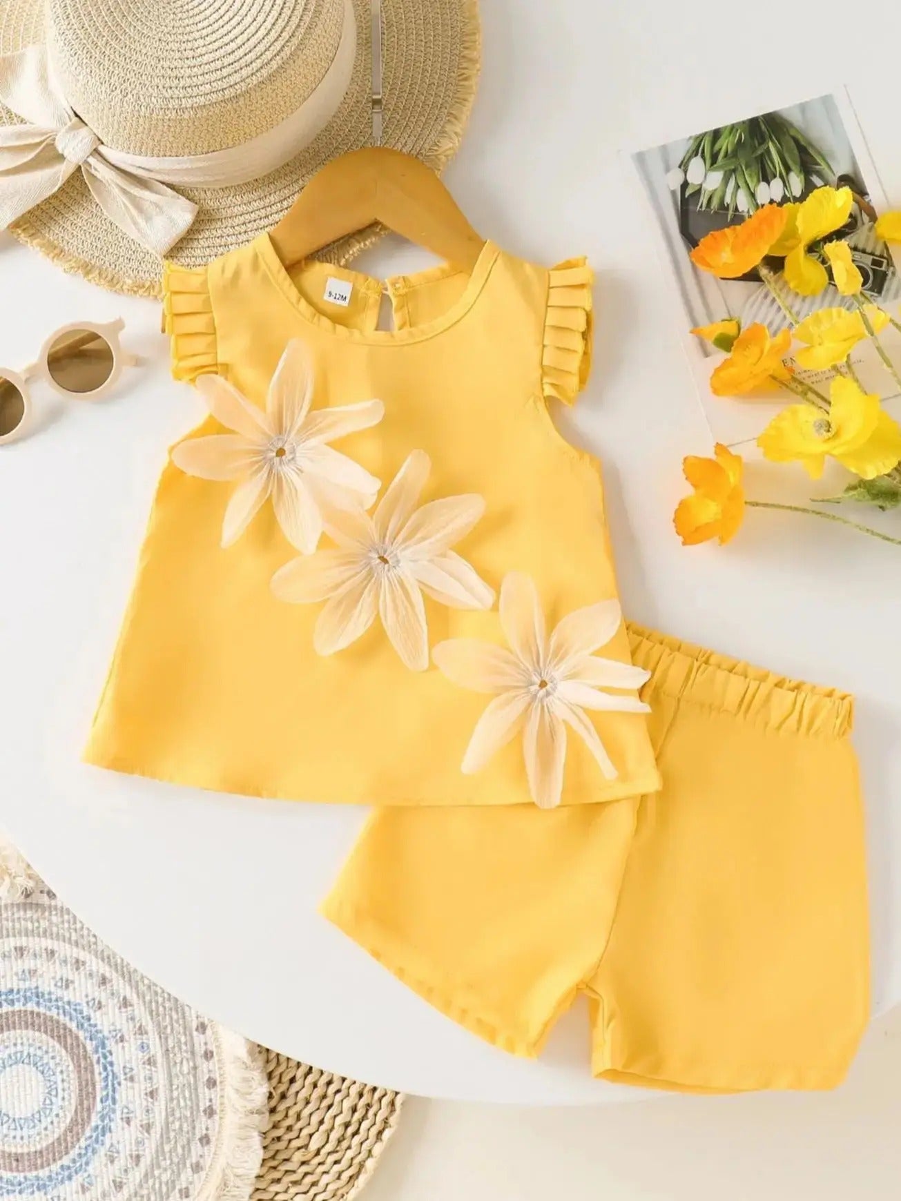 Toddler Girls' 2-Piece Set Yellow Sleeveless Top & Shorts Flower Decor 0-3Y