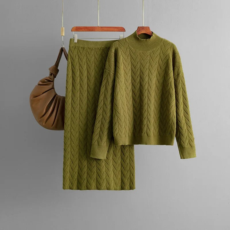 Trendy Knitted 2 Piece Sets Half High Collar Sweaters Tops Skirts Female.