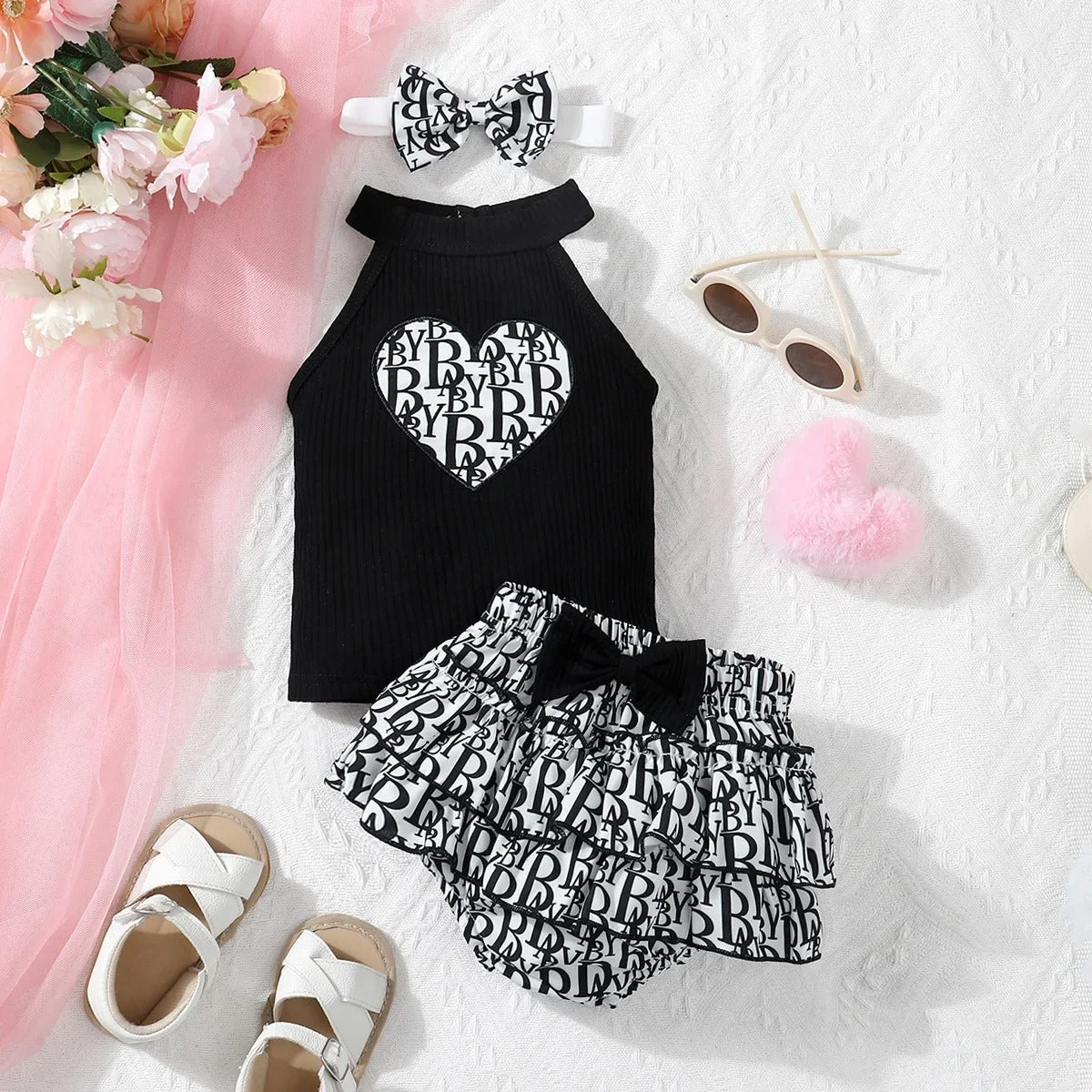 Neck Strap Sleeveless Top and Double Lace Bow Triangle Pants Set.