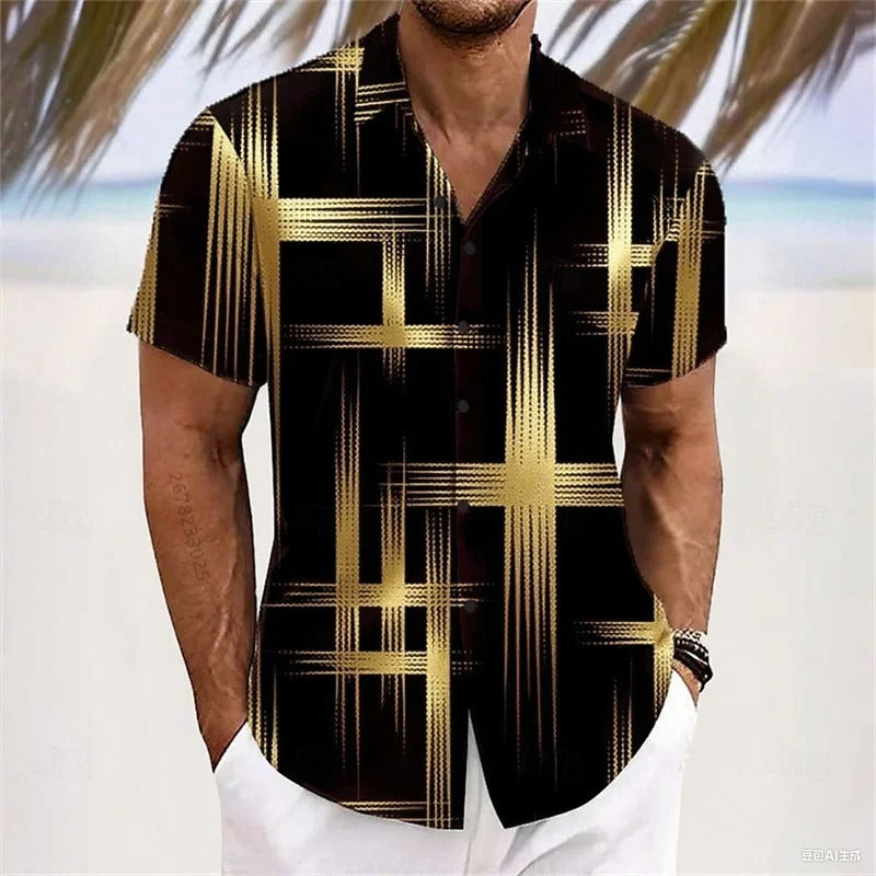 Men's Geometric 3D Printed Lapel Short Sleeve