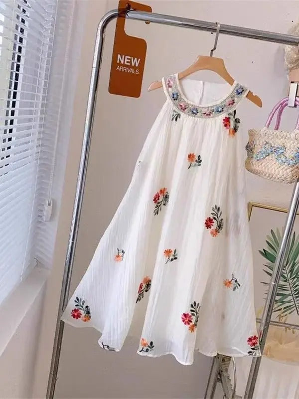 Embroidered Dress Floral Embroidered Mesh Layered Sleeveless Dress for Girls.