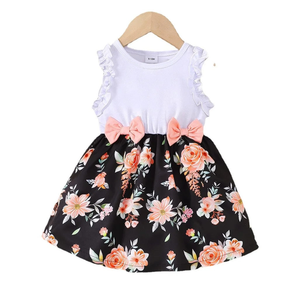 Floral Print Sleeveless Dresses Pastoral Style Wedding Party Dress with Bow for Toddler Girl 0-3 Years